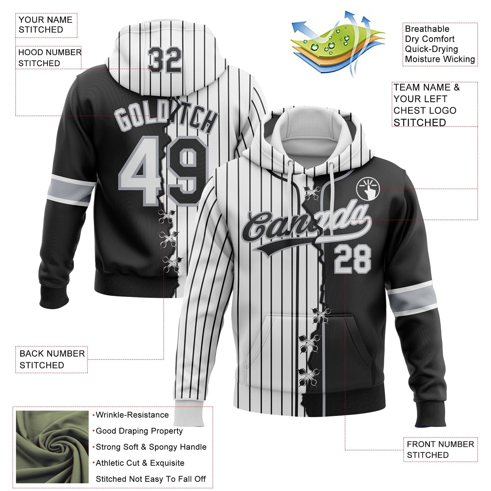 Custom Black White-Gray Pinstripe Split Ripped Pattern Baseball Pullover Sweatshirt Hoodie