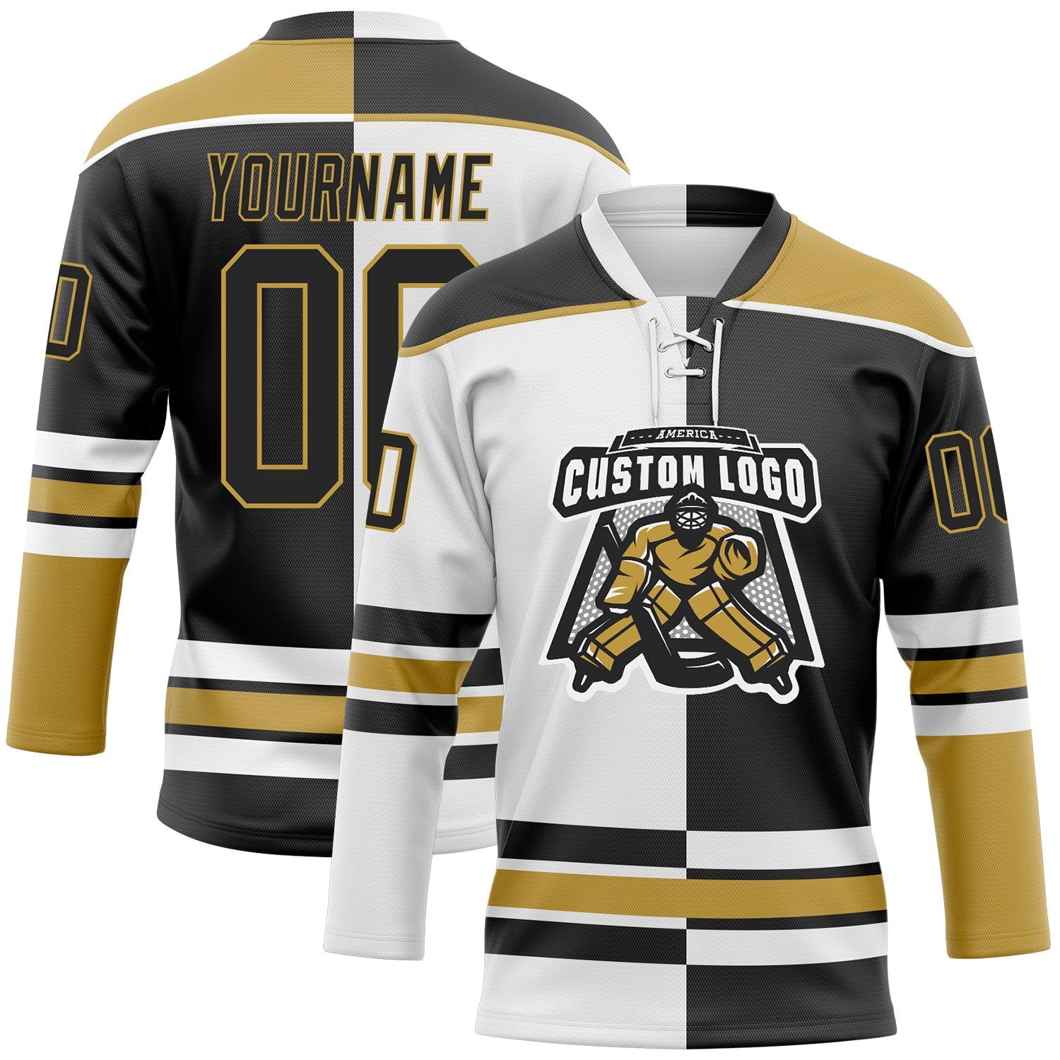 Custom Black Old Gold-White Split Fashion Hockey Lace Neck Jersey
