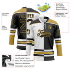 Custom Black Old Gold-White Split Fashion Hockey Lace Neck Jersey