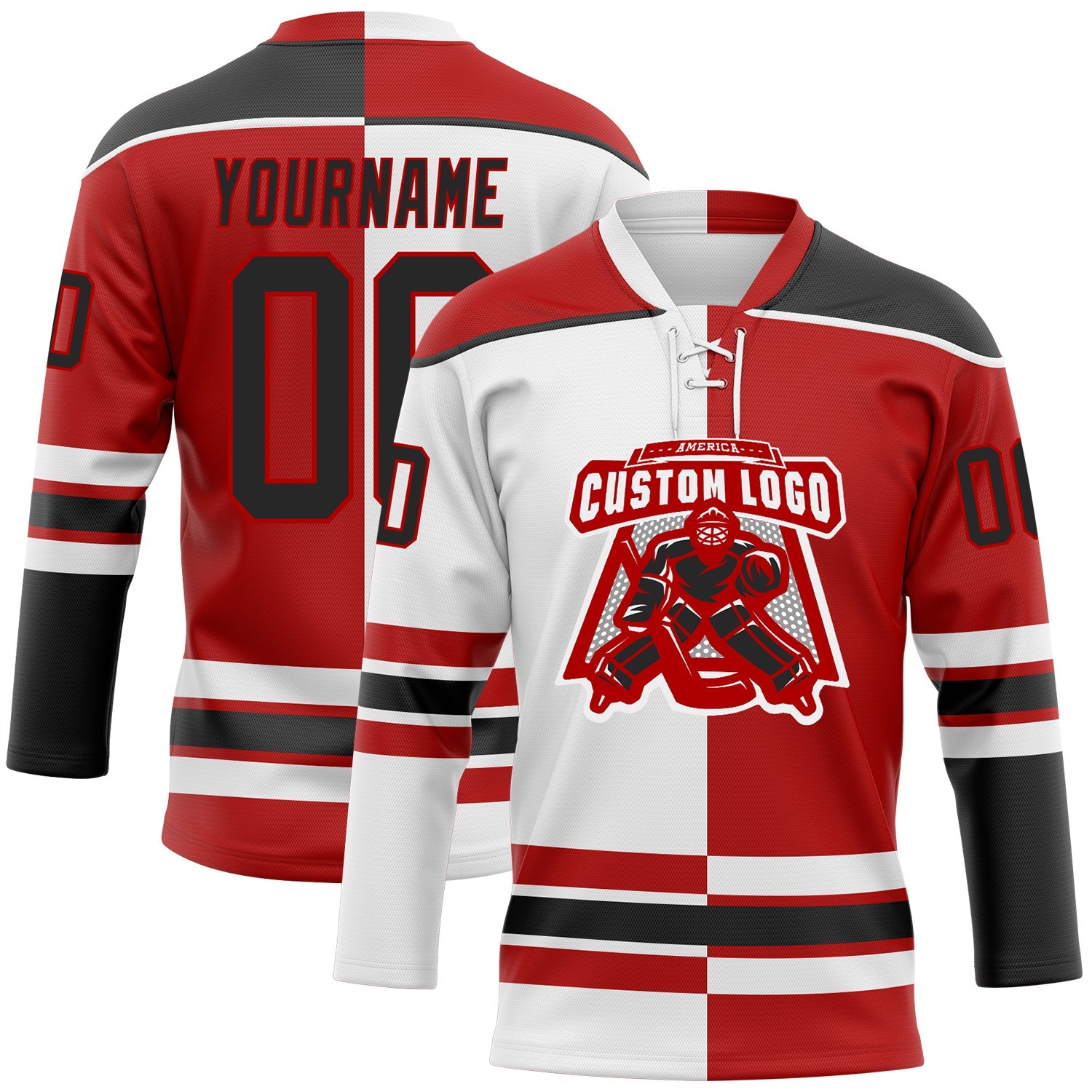 Custom Red Black-White Split Fashion Hockey Lace Neck Jersey