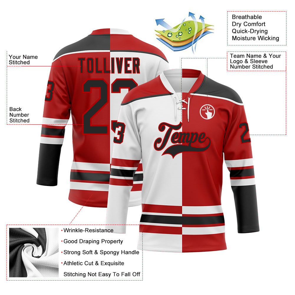 Custom Red Black-White Split Fashion Hockey Lace Neck Jersey