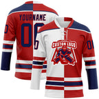 Custom Red Navy-White Split Fashion Hockey Lace Neck Jersey