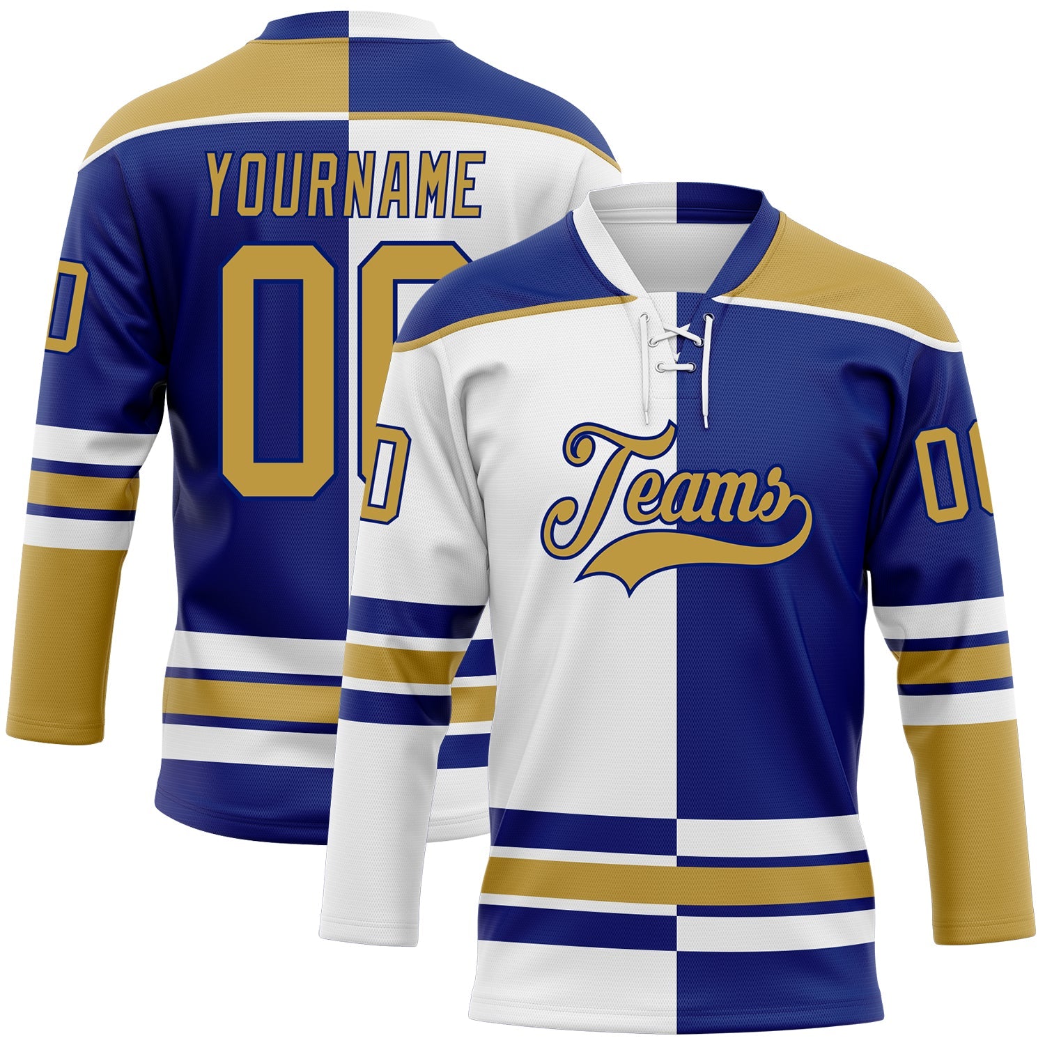 Custom Royal Old Gold-White Split Fashion Hockey Lace Neck Jersey
