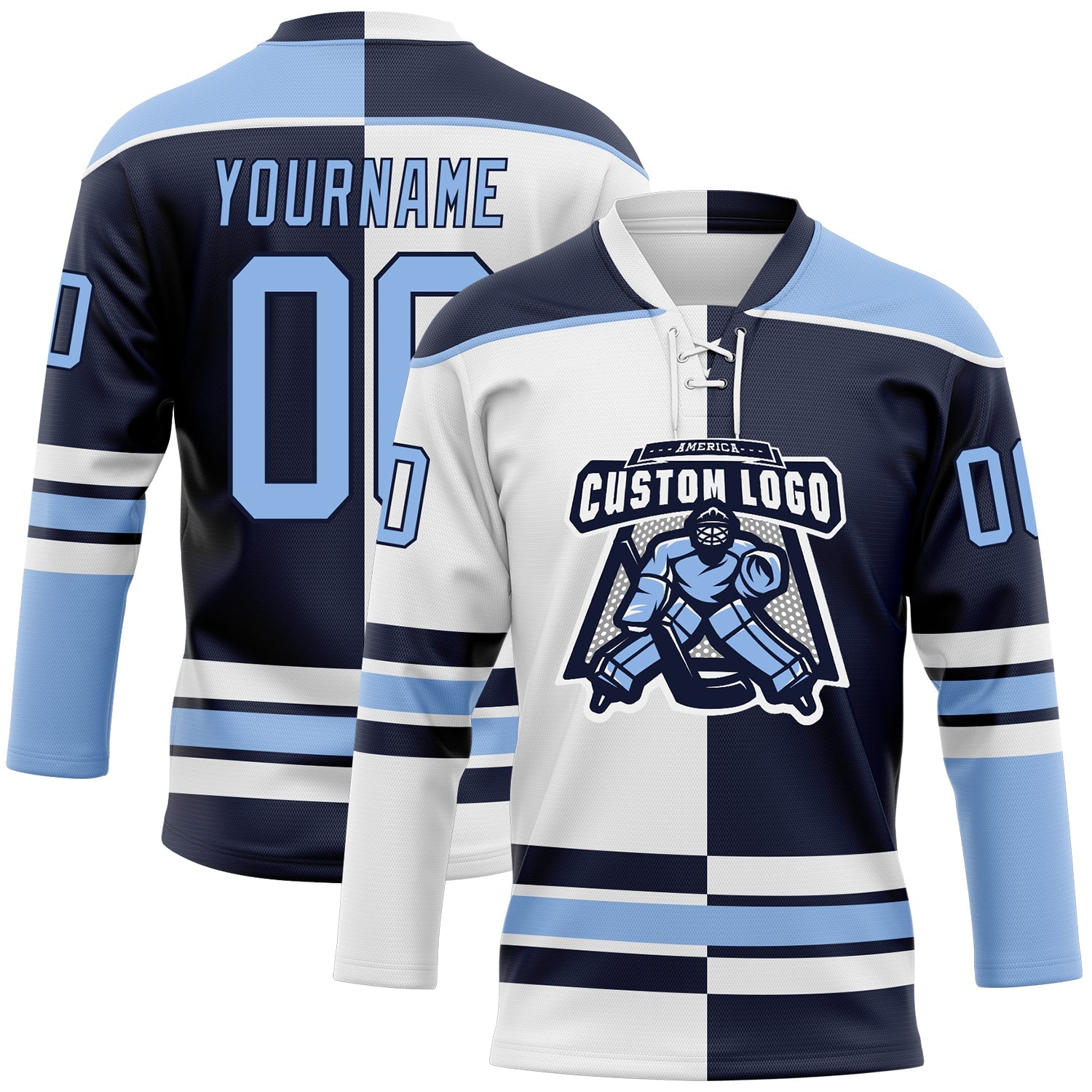 Custom Navy Light Blue-White Split Fashion Hockey Lace Neck Jersey