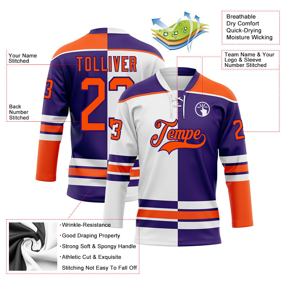 Custom Purple Orange-White Split Fashion Hockey Lace Neck Jersey
