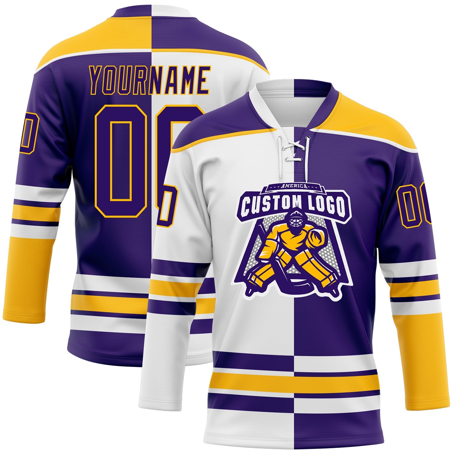 Custom Purple Gold-White Split Fashion Hockey Lace Neck Jersey