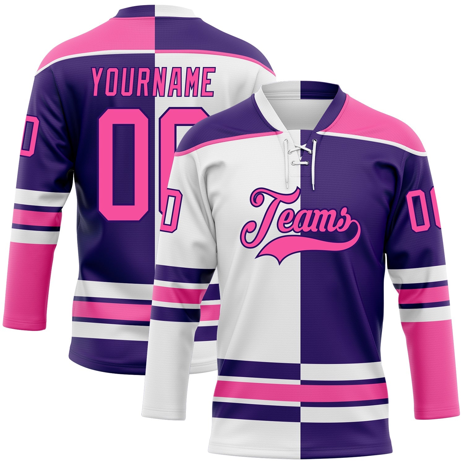 Custom Purple Pink-White Split Fashion Hockey Lace Neck Jersey