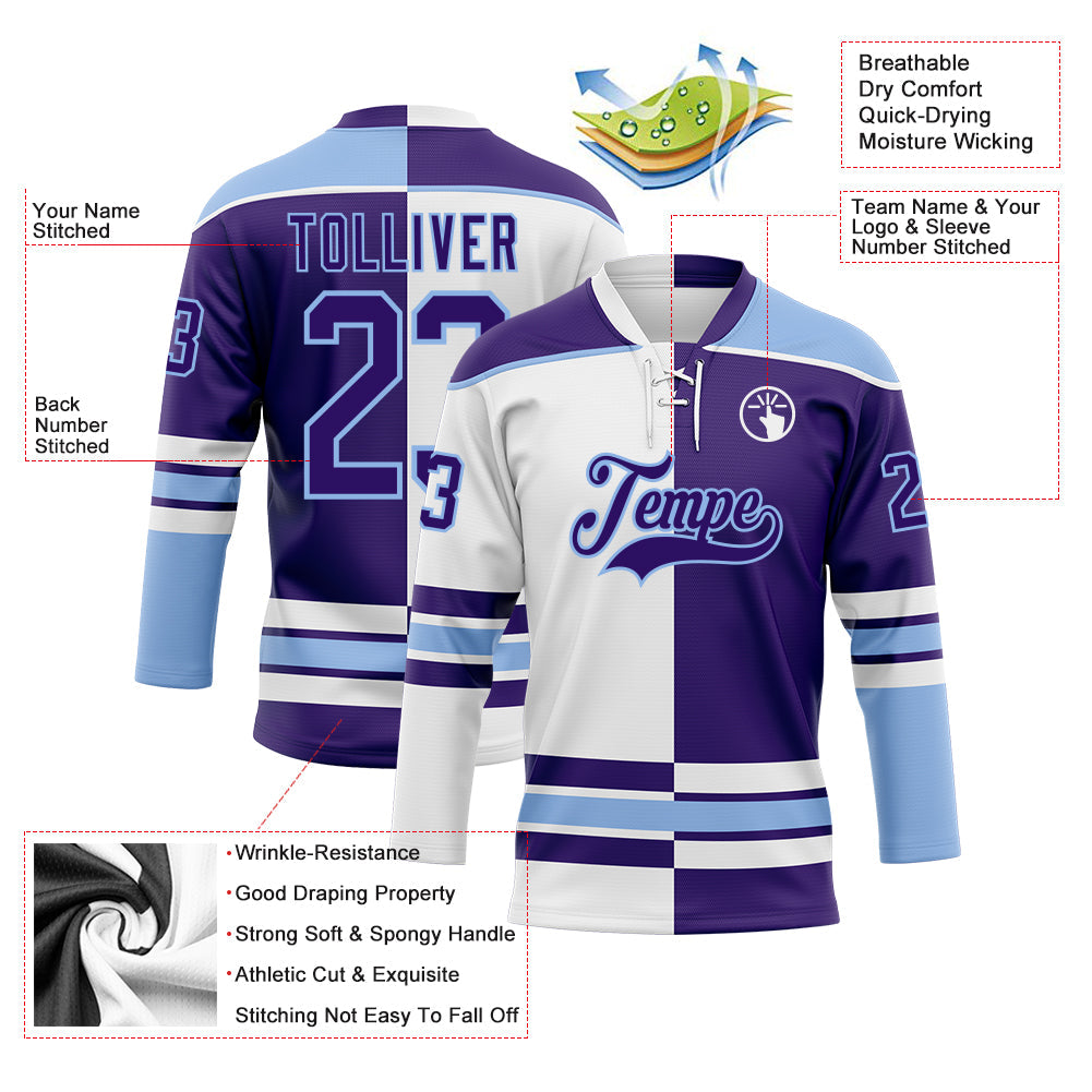 Custom Purple Light Blue-White Split Fashion Hockey Lace Neck Jersey