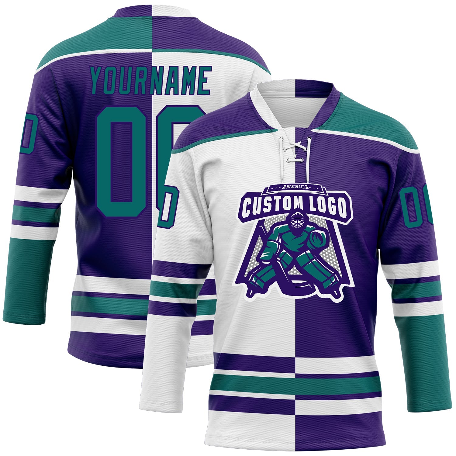 Custom Purple Teal-White Split Fashion Hockey Lace Neck Jersey