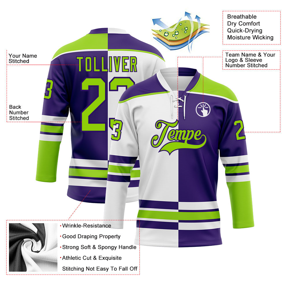 Custom Purple Neon Green-White Split Fashion Hockey Lace Neck Jersey