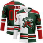 Custom Green Red-White Split Fashion Hockey Lace Neck Jersey
