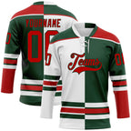 Custom Green Red-White Split Fashion Hockey Lace Neck Jersey