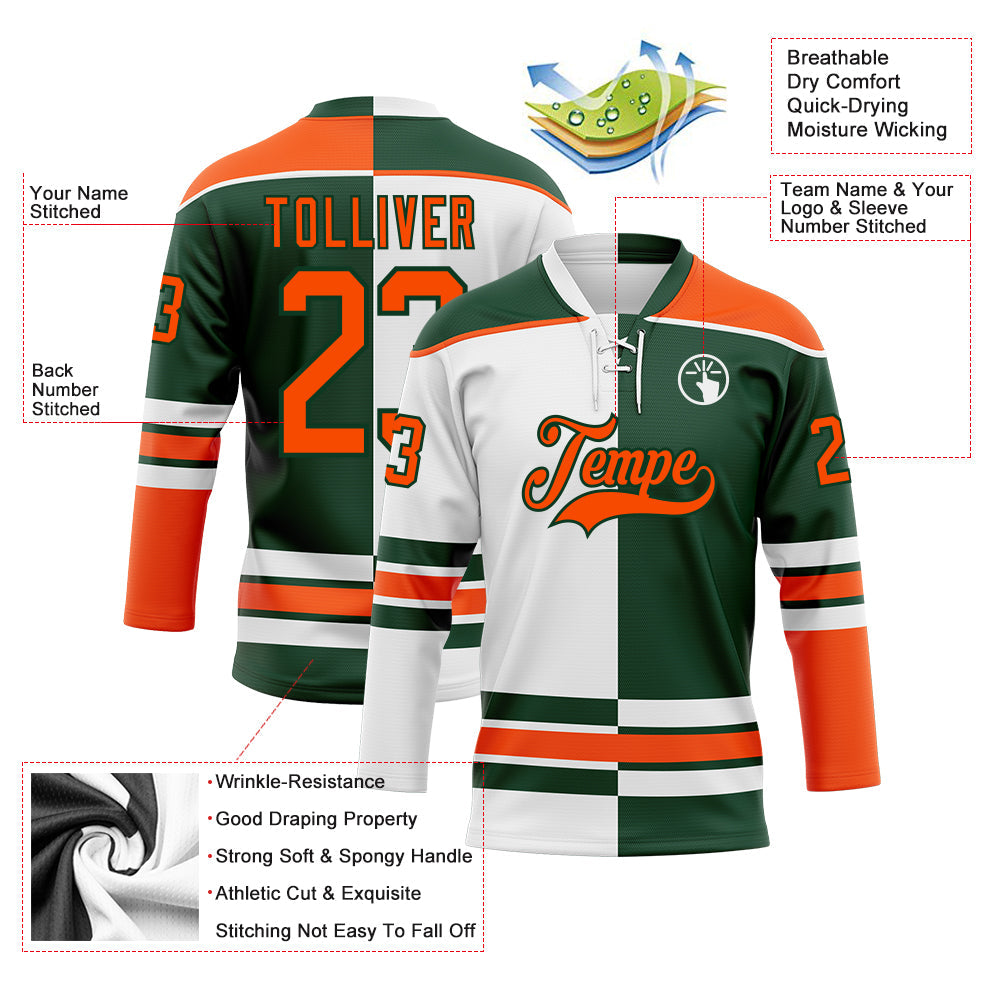 Custom Green Orange-White Split Fashion Hockey Lace Neck Jersey