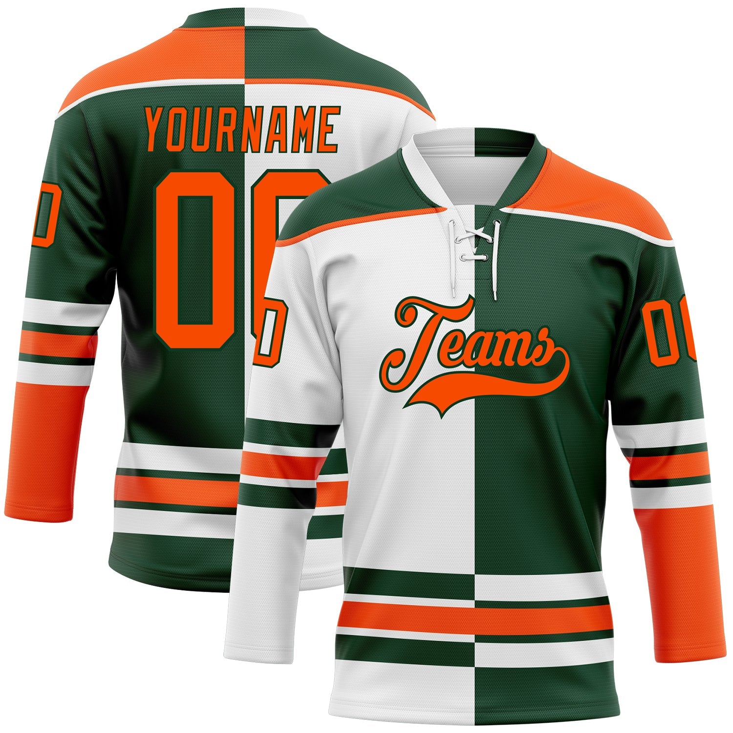 Custom Green Orange-White Split Fashion Hockey Lace Neck Jersey
