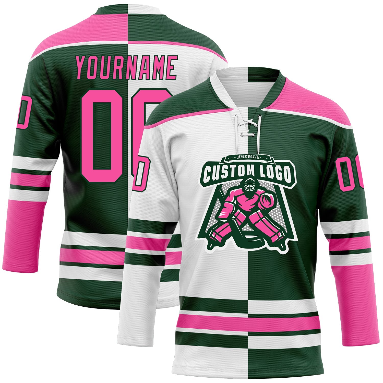 Custom Green Pink-White Split Fashion Hockey Lace Neck Jersey