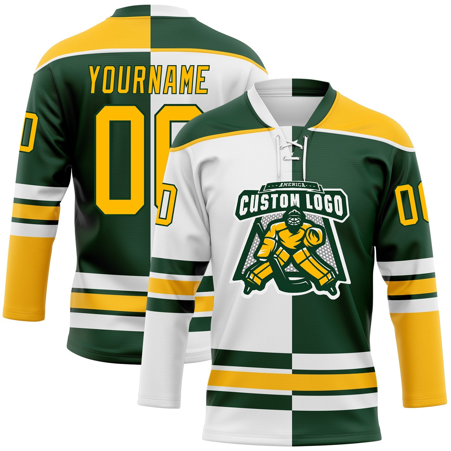 Custom Green Gold-White Split Fashion Hockey Lace Neck Jersey