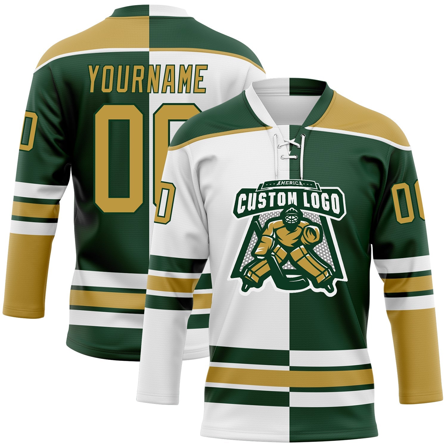 Custom Green Old Gold-White Split Fashion Hockey Lace Neck Jersey