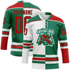 Custom Kelly Green Red-White Split Fashion Hockey Lace Neck Jersey