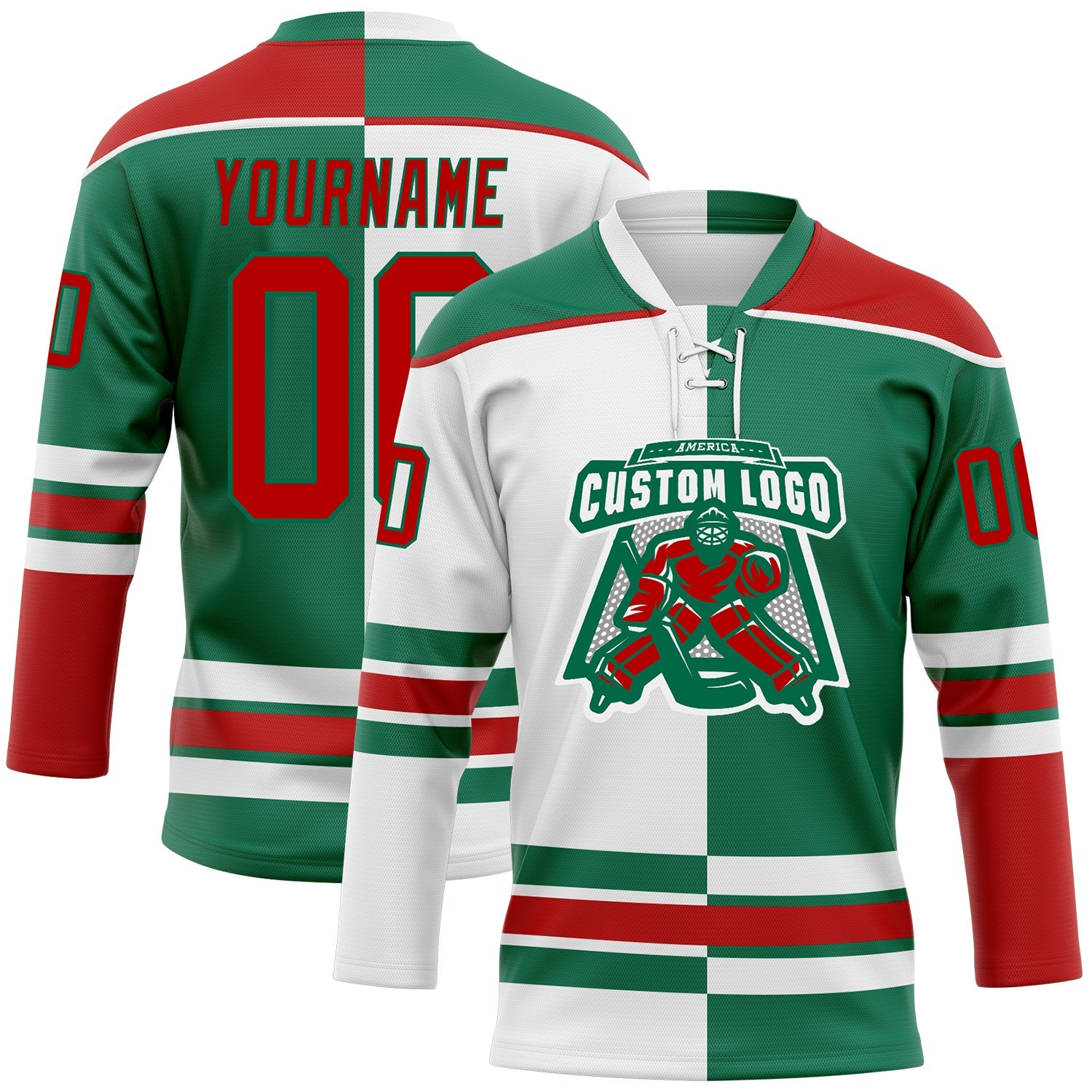 Custom Kelly Green Red-White Split Fashion Hockey Lace Neck Jersey
