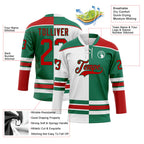 Custom Kelly Green Red-White Split Fashion Hockey Lace Neck Jersey