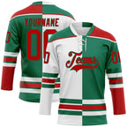 Custom Kelly Green Red-White Split Fashion Hockey Lace Neck Jersey