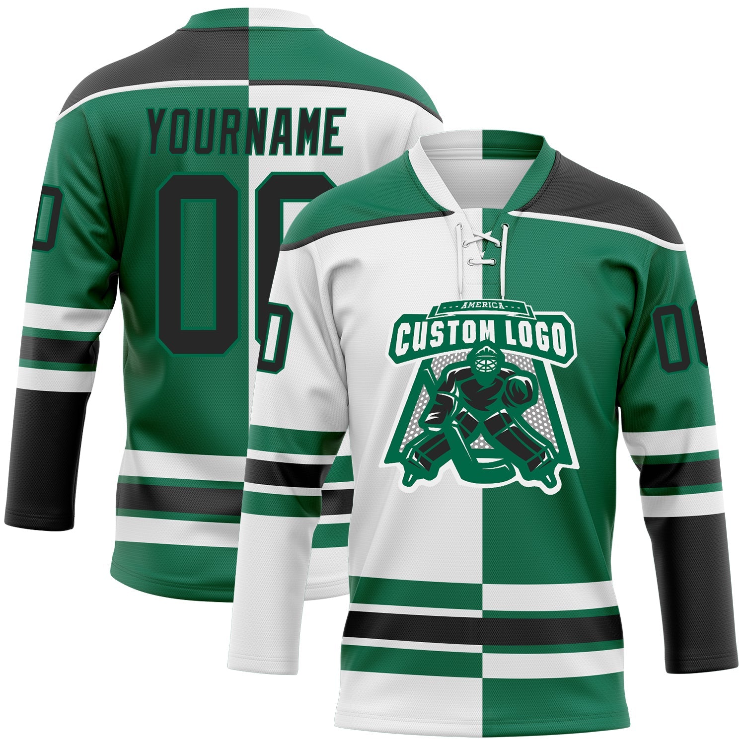 Custom Kelly Green Black-White Split Fashion Hockey Lace Neck Jersey