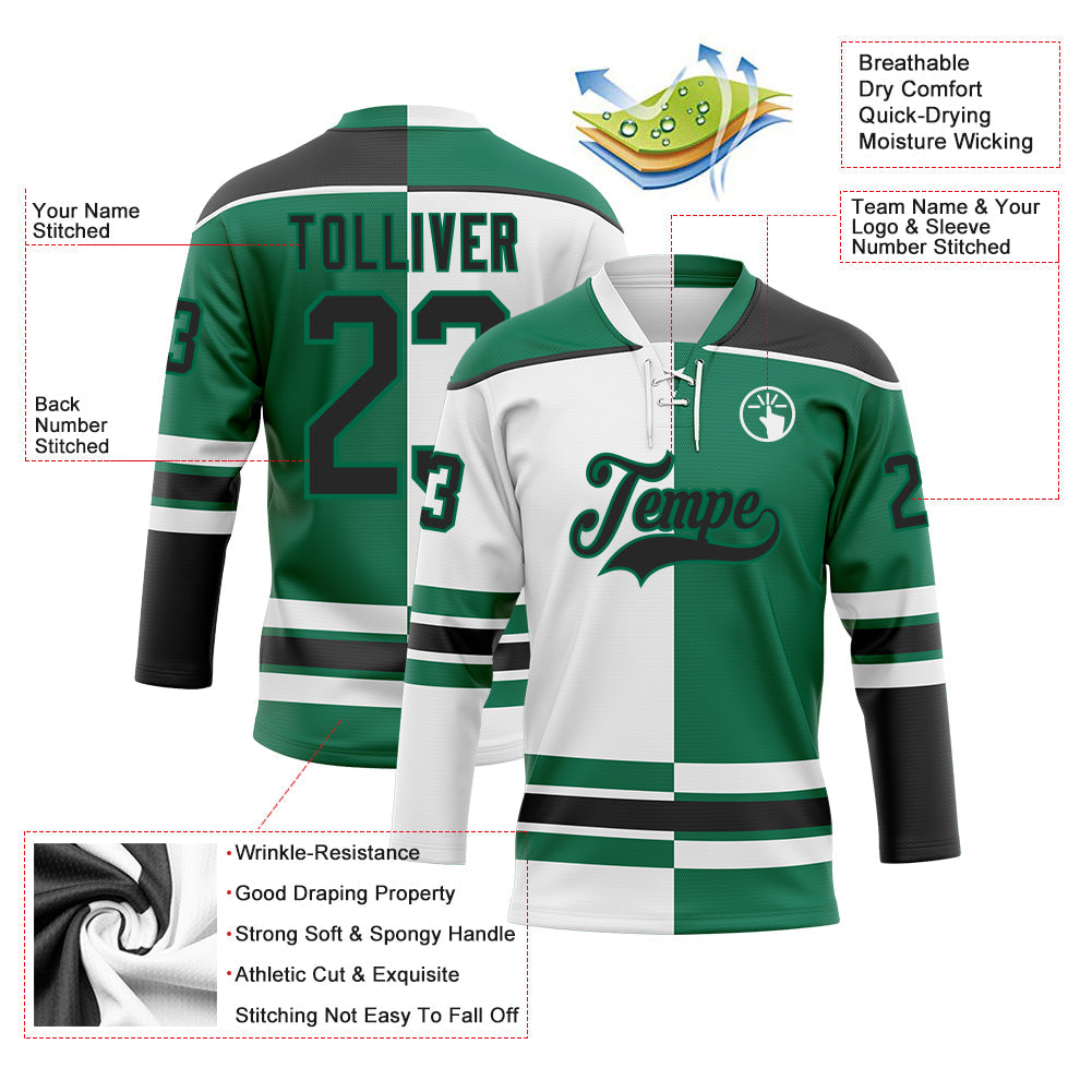 Custom Kelly Green Black-White Split Fashion Hockey Lace Neck Jersey