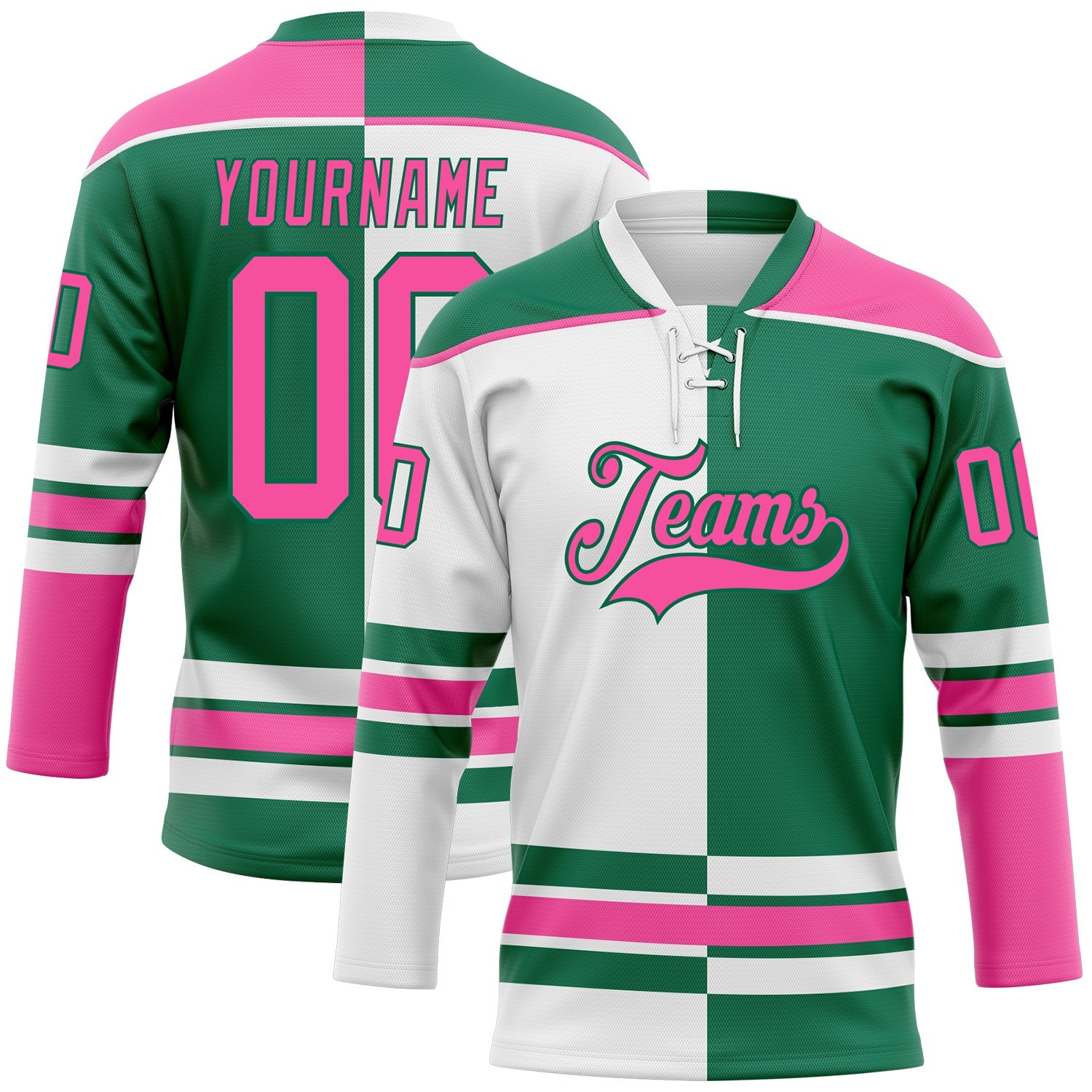 Custom Kelly Green Pink-White Split Fashion Hockey Lace Neck Jersey