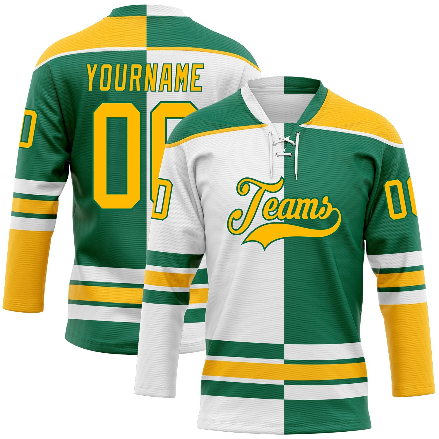 Custom Kelly Green Gold-White Split Fashion Hockey Lace Neck Jersey