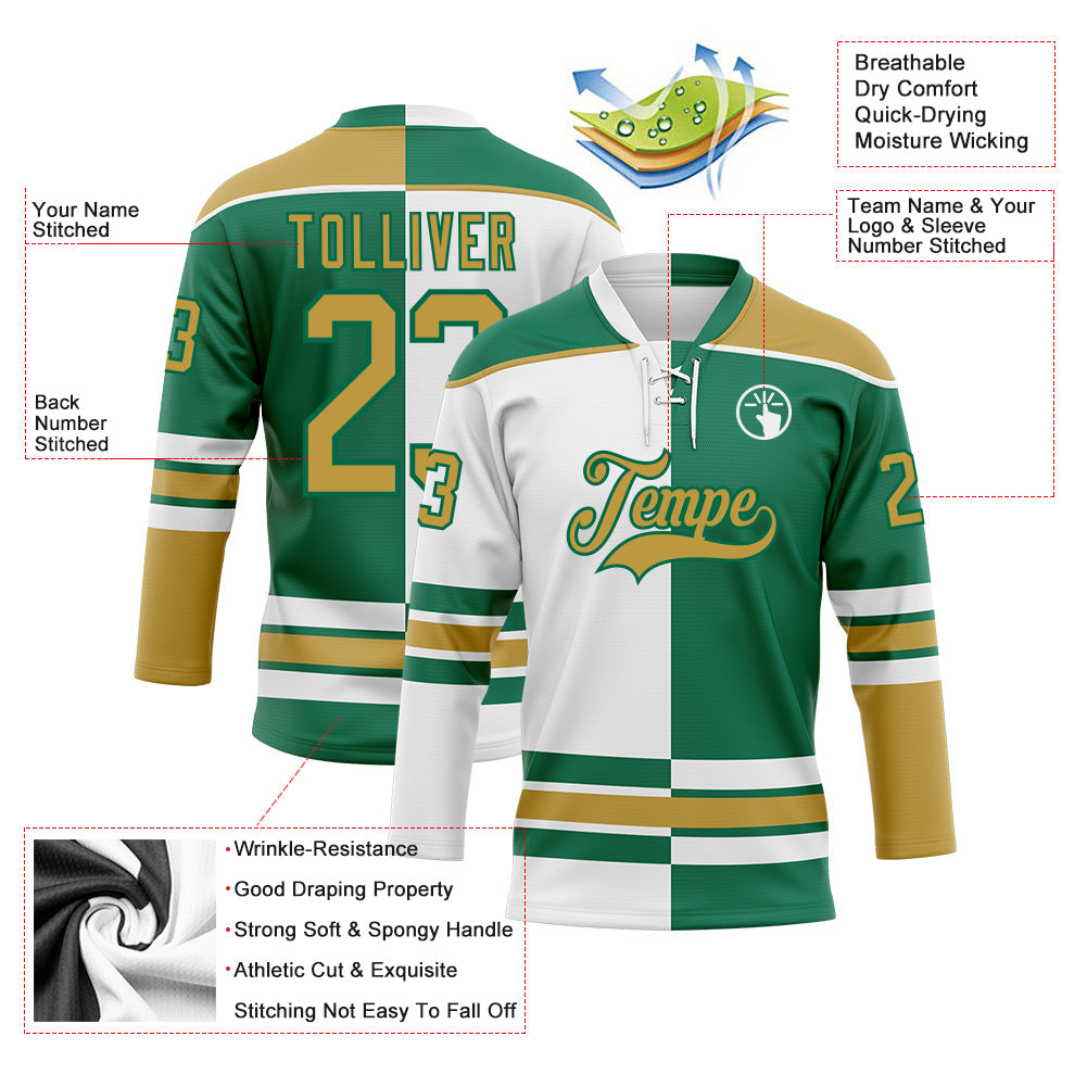 Custom Kelly Green Old Gold-White Split Fashion Hockey Lace Neck Jersey