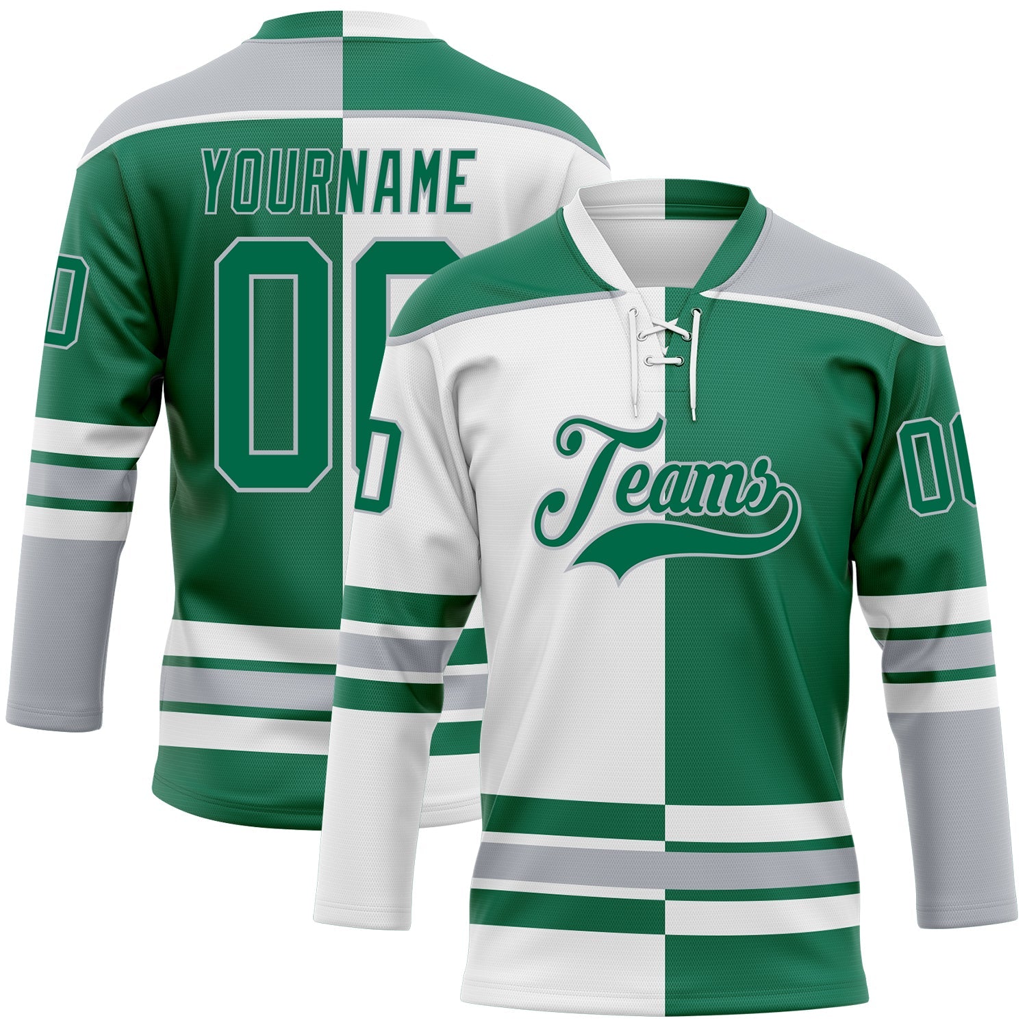 Custom Kelly Green Gray-White Split Fashion Hockey Lace Neck Jersey