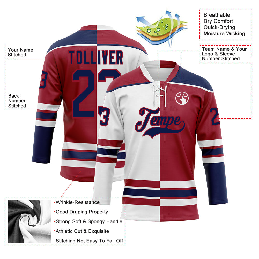 Custom Maroon Navy-White Split Fashion Hockey Lace Neck Jersey