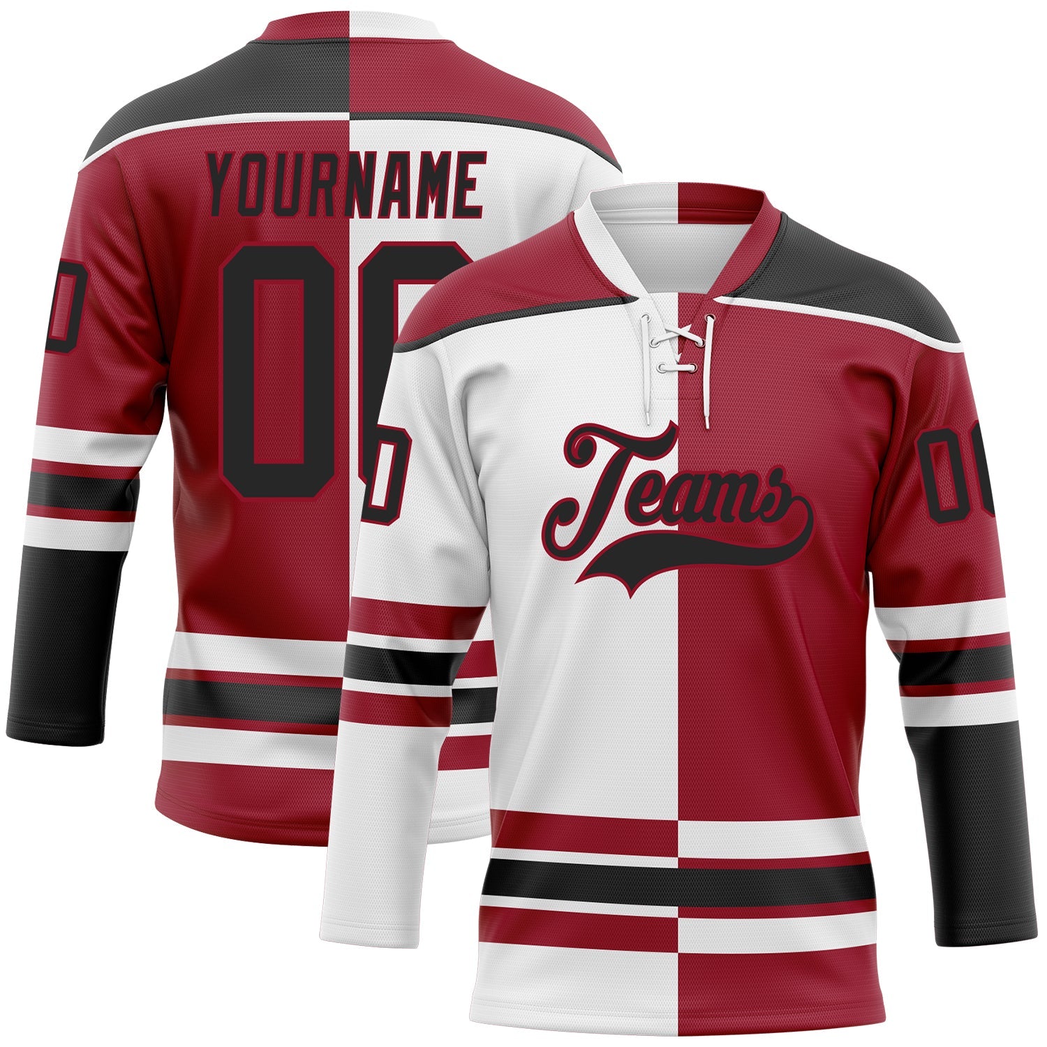 Custom Maroon Black-White Split Fashion Hockey Lace Neck Jersey