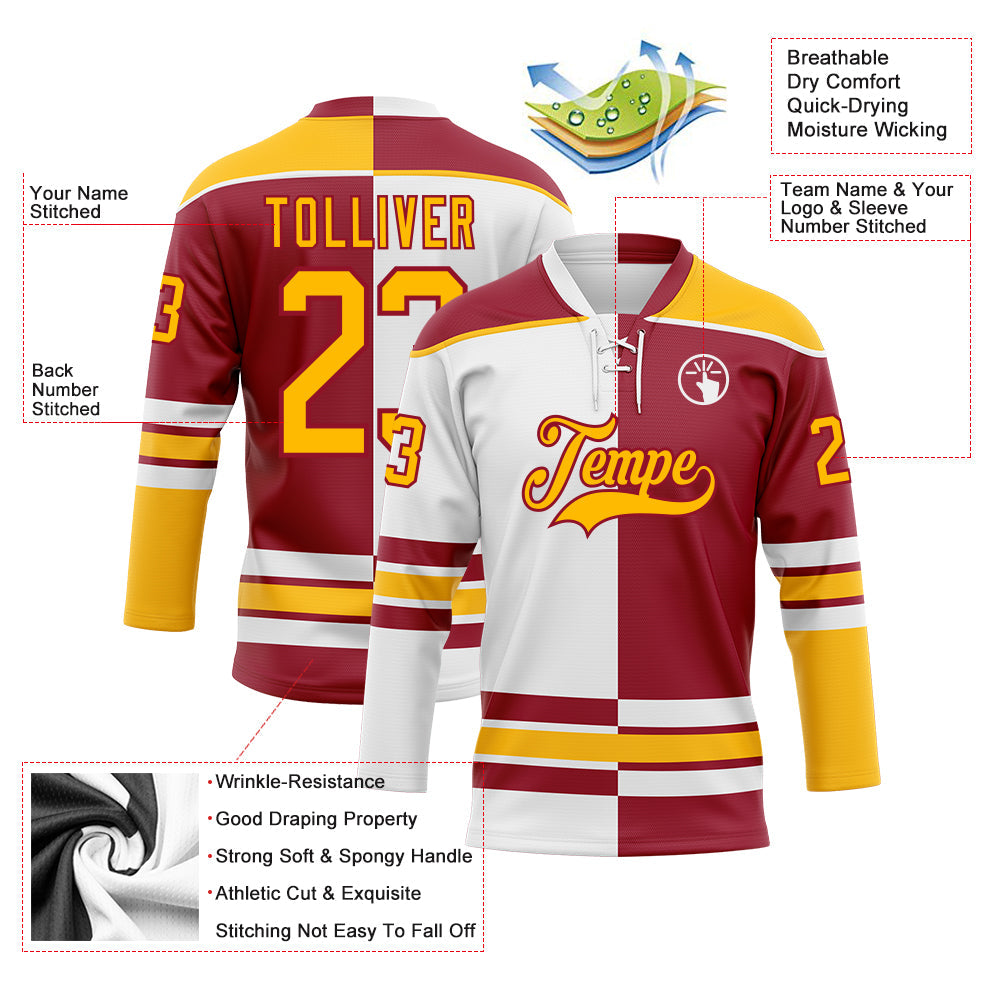 Custom Maroon Gold-White Split Fashion Hockey Lace Neck Jersey
