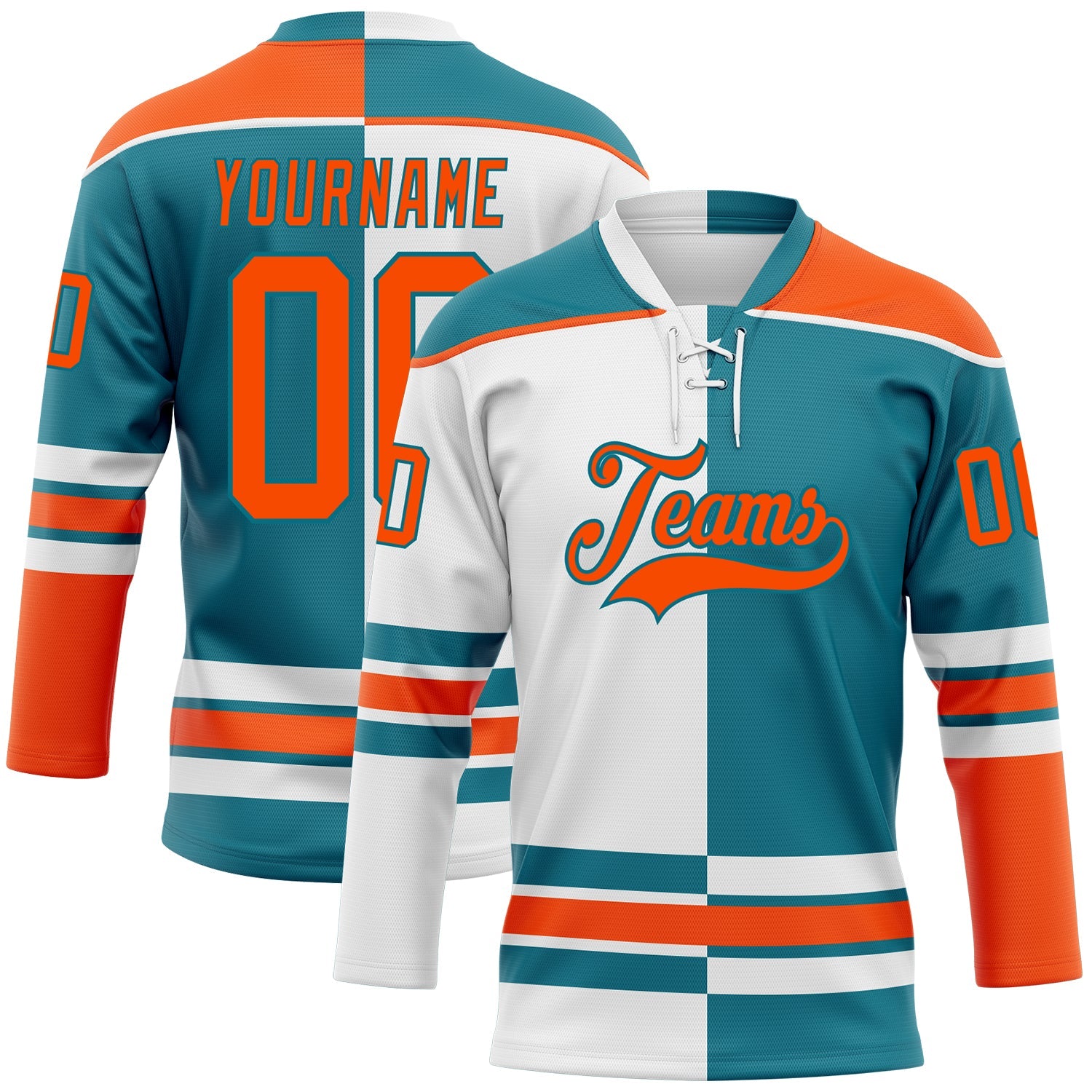 Custom Teal Orange-White Split Fashion Hockey Lace Neck Jersey