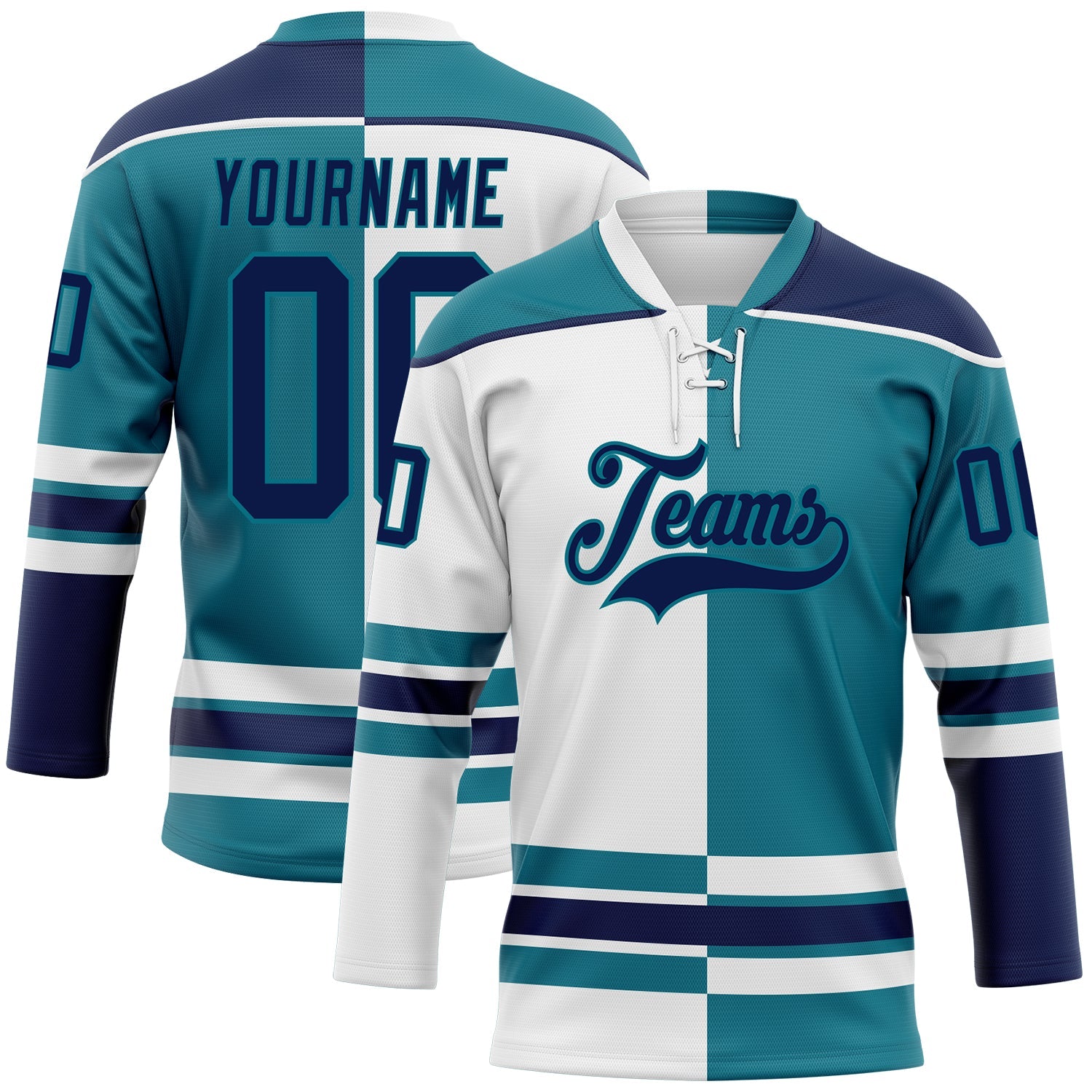 Custom Teal Navy-White Split Fashion Hockey Lace Neck Jersey