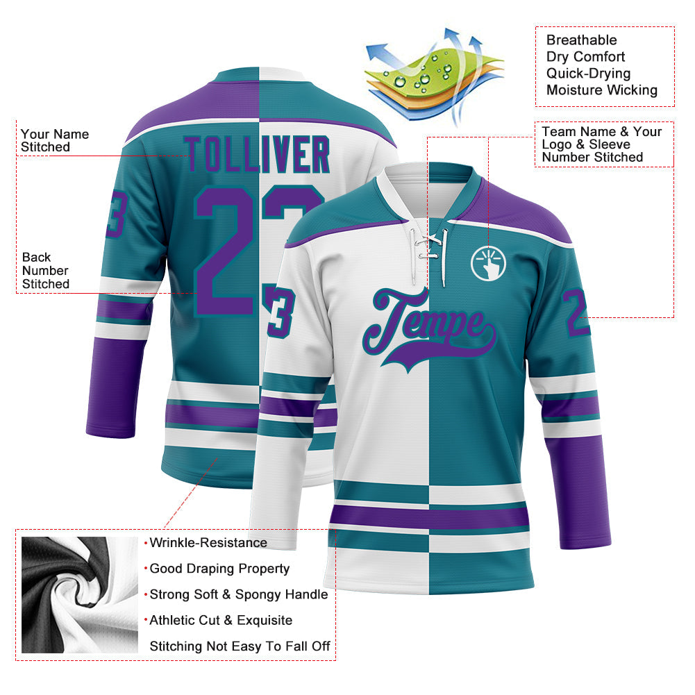 Custom Teal Purple-White Split Fashion Hockey Lace Neck Jersey