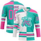 Custom Aqua Pink-White Split Fashion Hockey Lace Neck Jersey