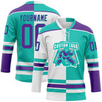 Custom Aqua Purple-White Split Fashion Hockey Lace Neck Jersey