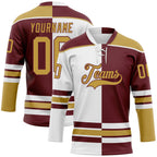Custom Burgundy Old Gold-White Split Fashion Hockey Lace Neck Jersey