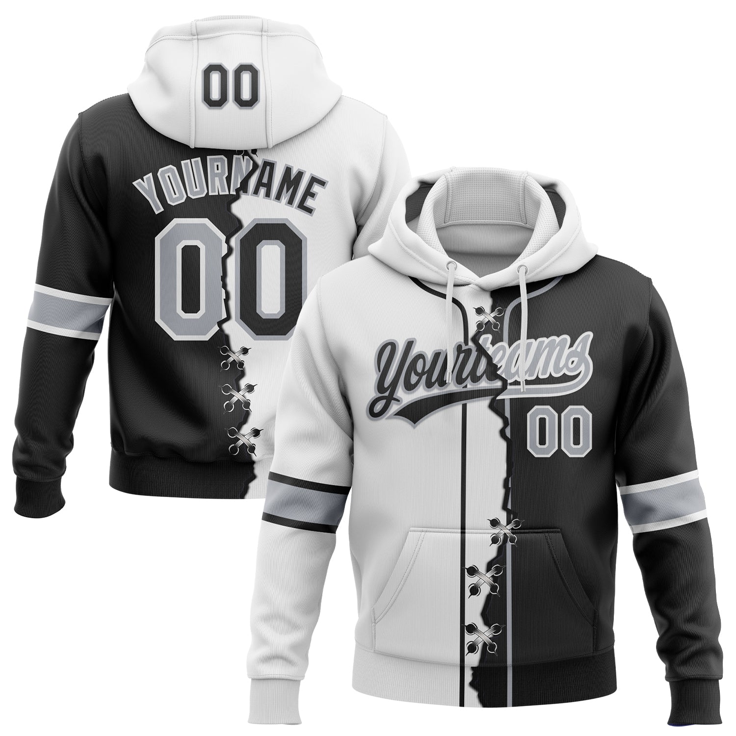 Custom Black Gray-White Split Ripped Pattern Baseball Pullover Sweatshirt Hoodie
