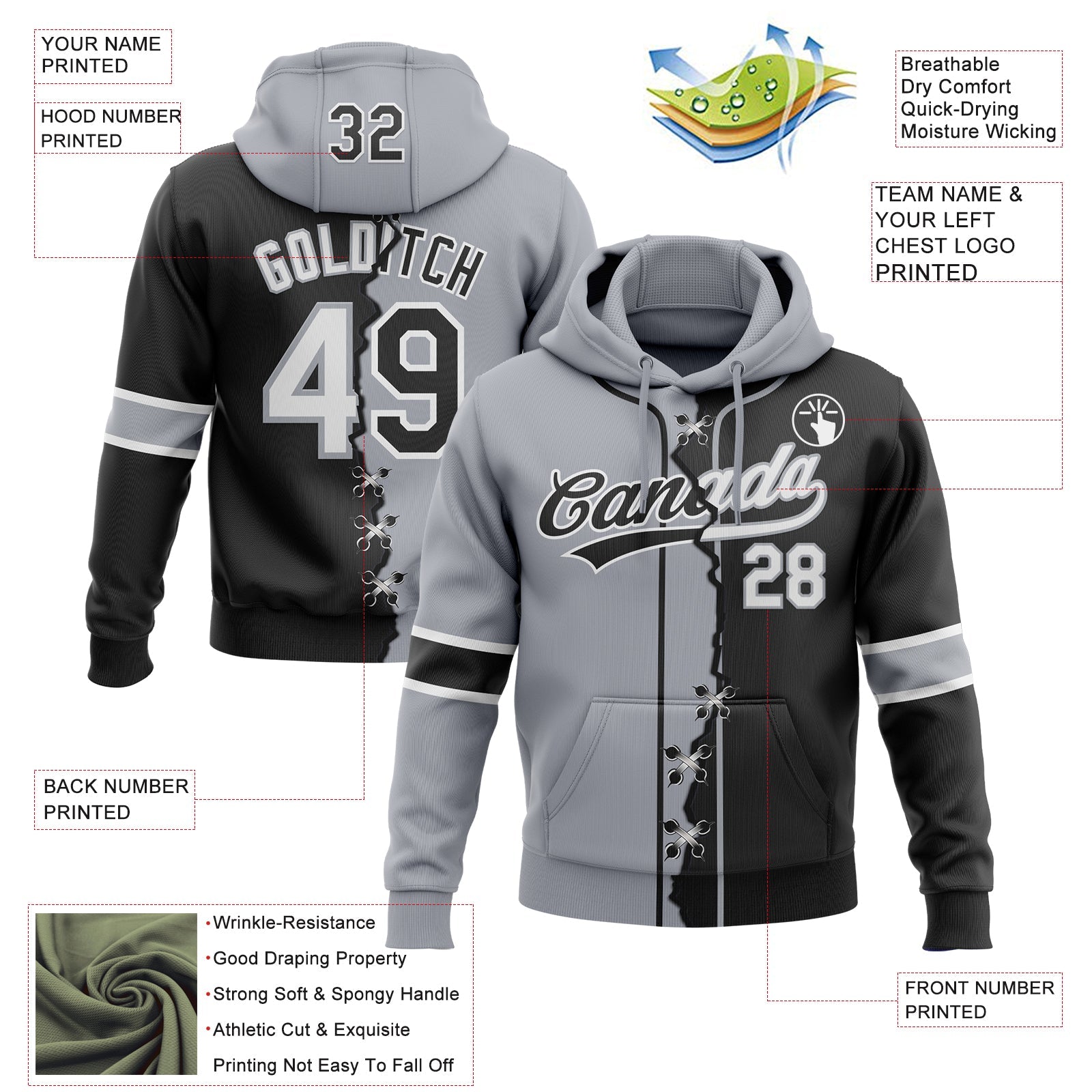 Custom Black Gray-White Split Ripped Pattern Baseball Pullover Sweatshirt Hoodie