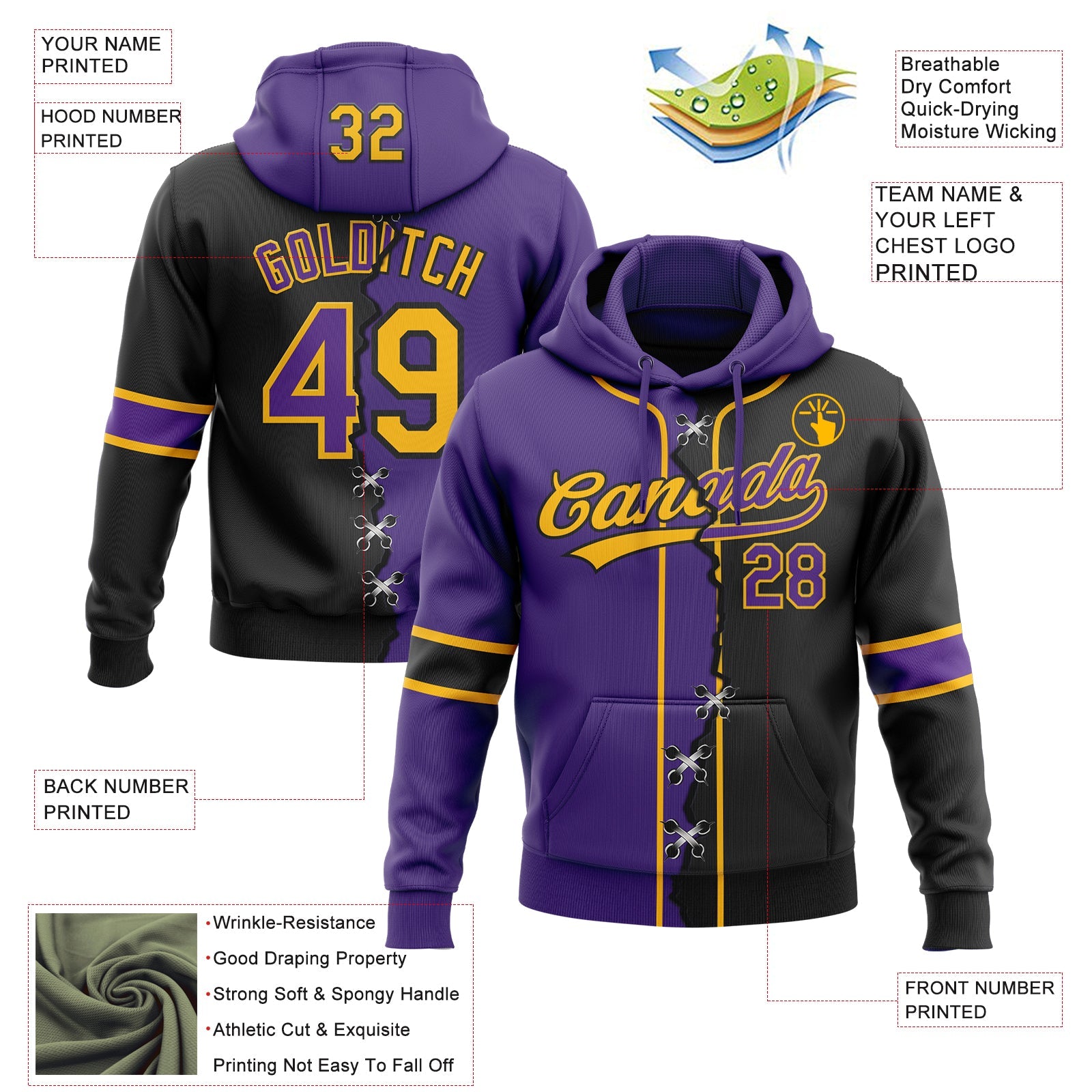 Custom Black Purple-Gold Split Ripped Pattern Baseball Pullover Sweatshirt Hoodie
