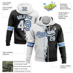 Custom Black Light Blue-White Split Ripped Pattern Baseball Pullover Sweatshirt Hoodie