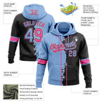 Custom Black Light Blue Pink-White Split Ripped Pattern Baseball Pullover Sweatshirt Hoodie