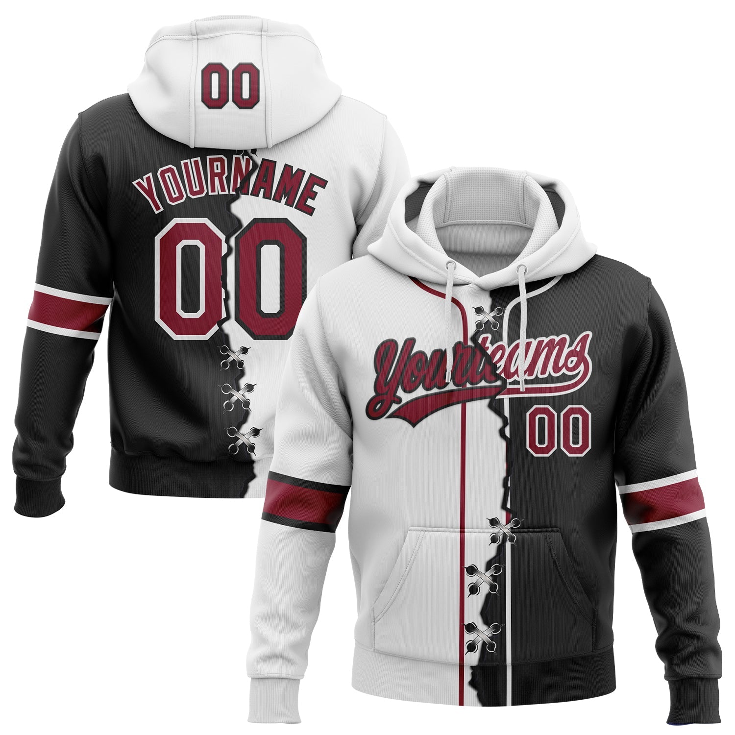 Custom Black Crimson-White Split Ripped Pattern Baseball Pullover Sweatshirt Hoodie