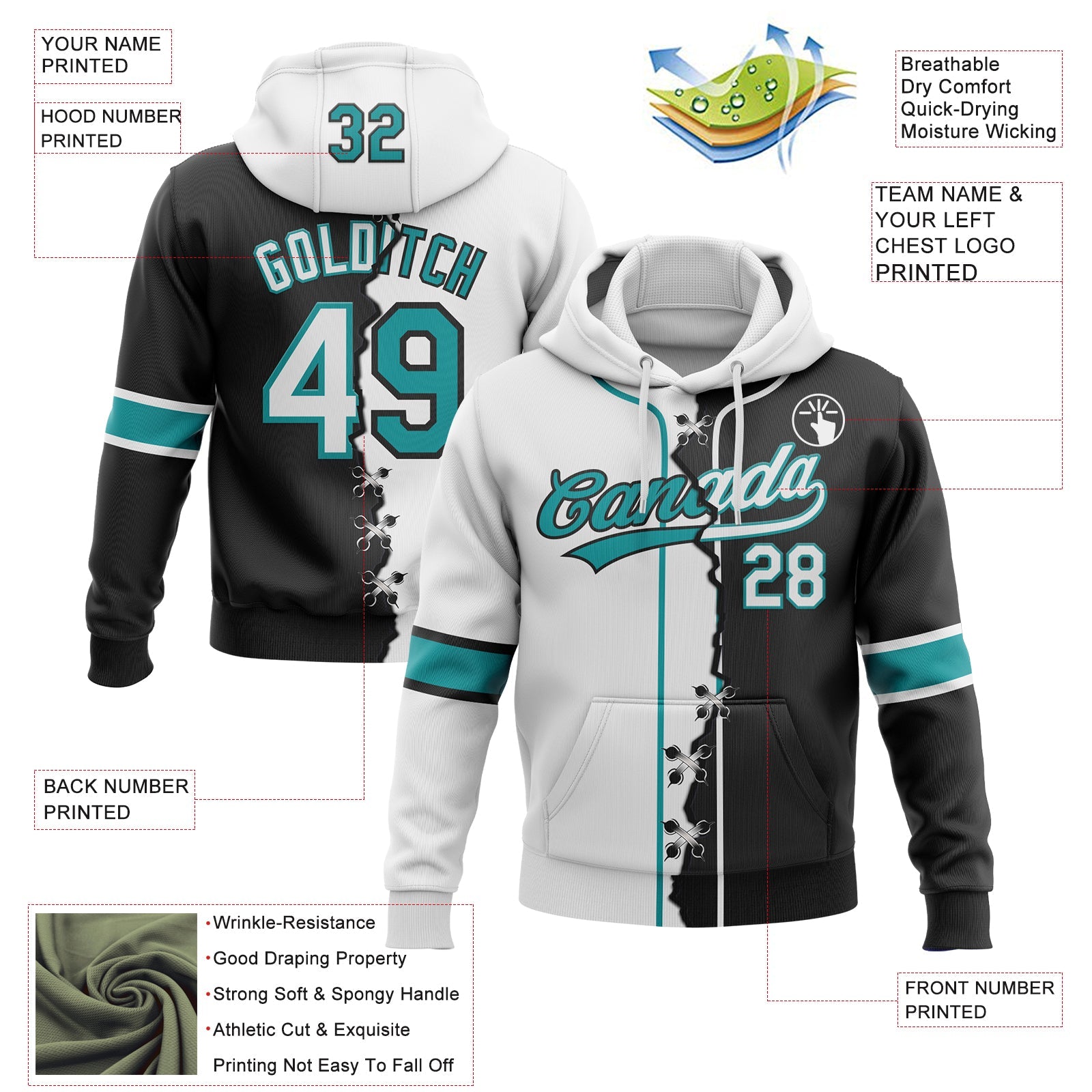 Custom Black White-Teal Split Ripped Pattern Baseball Pullover Sweatshirt Hoodie
