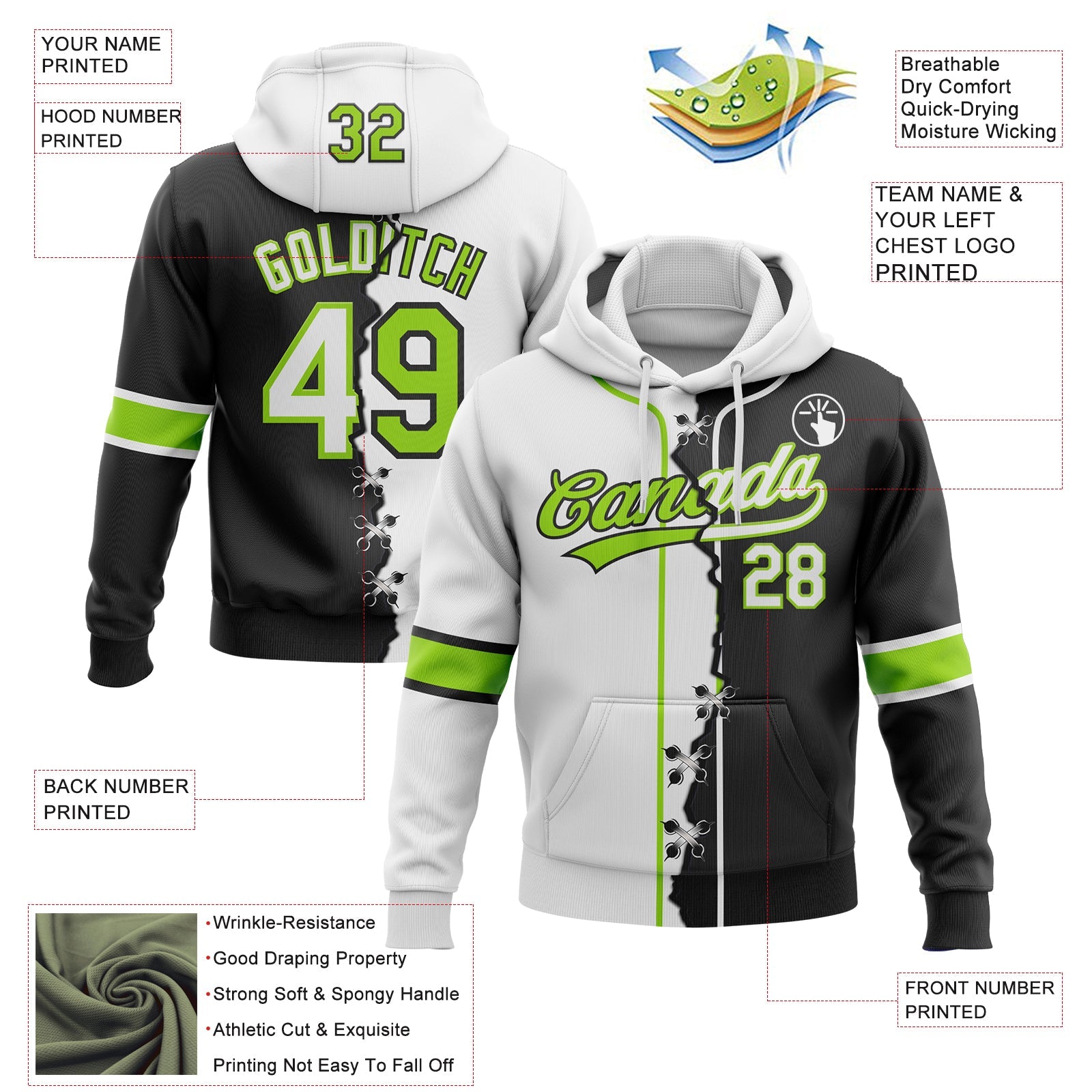 Custom Black White-Neon Green Split Ripped Pattern Baseball Pullover Sweatshirt Hoodie