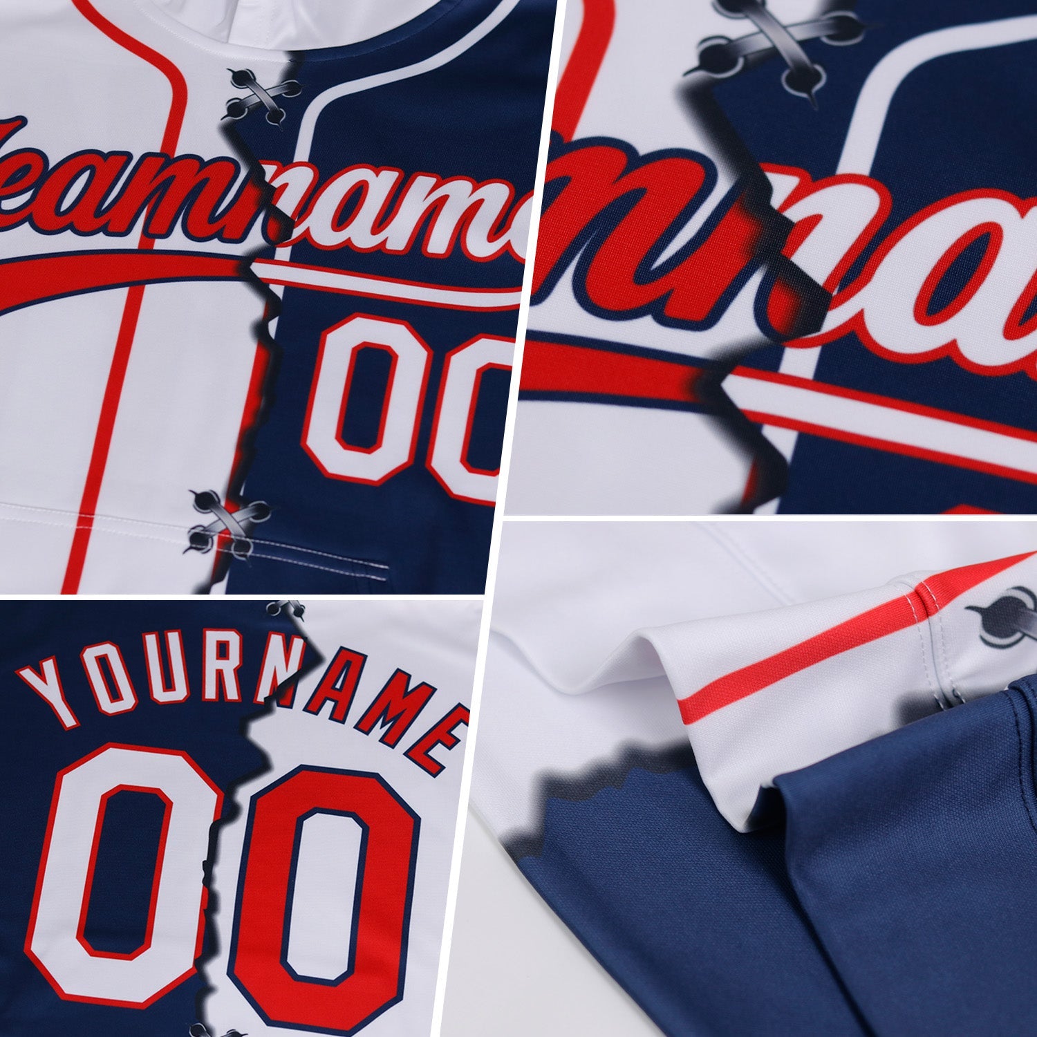 Custom Black Sky Blue-White Split Ripped Pattern Baseball Pullover Sweatshirt Hoodie