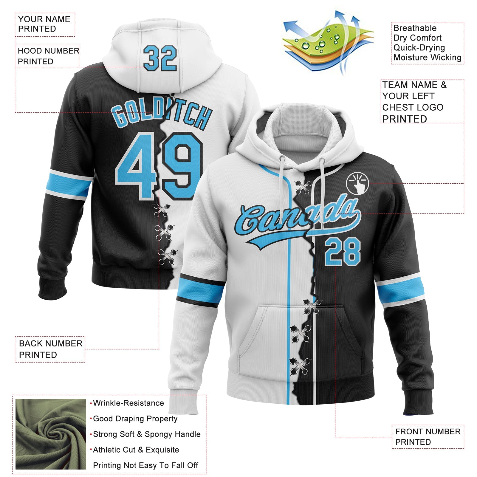 Custom Black Sky Blue-White Split Ripped Pattern Baseball Pullover Sweatshirt Hoodie